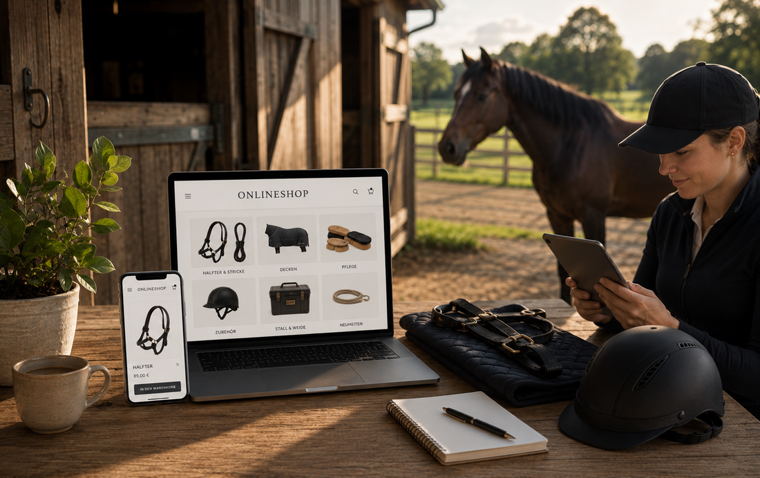 Onlineshop für Reitsportartikel auf Laptop und Smartphone in einer warmen Stallumgebung, mit Pferd im Hintergrund, Reithelm, Halfter, Schabracke und Tablet zur Onlinebestellung.
