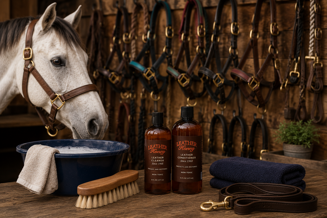Pferdehalfter reinigen und pflegen mit zwei Leather Honey Pflegeflaschen, Wassereimer, Bürste, Handtüchern und Lederzubehör in einer warmen Stallkammer mit Pferd und Halftern im Hintergrund
