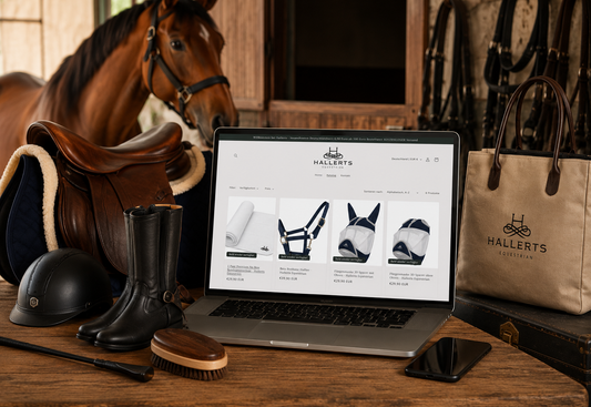 Premium Reitzubehör von Hallerts online kaufen – hochwertige Pferdeprodukte wie Lederhalfter, Fliegenmasken, Bandagen und Stallzubehör stilvoll präsentiert in einer modernen Sattelkammer mit Laptop und Pferd.