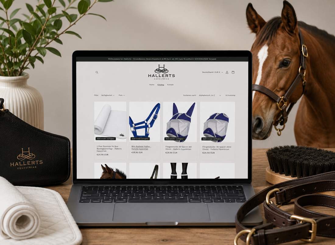 Hallerts Equestrian Onlineshop mit Premium Pferdezubehör auf Laptopbildschirm, Hallerts Beta Biothane Halfter und Pferd mit Lederhalfter in moderner Stallatmosphäre.