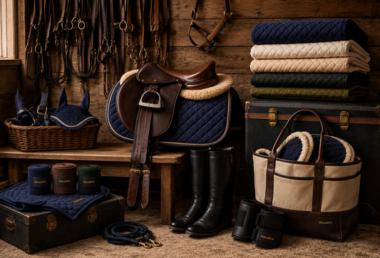 Premium Pferdezubehör von Hallerts in einer hochwertigen Sattelkammer – Lederhalfter, Fliegenmasken, Bandagen, Schabracken und funktionales Stallzubehör für Sport- und Zuchtpferde.