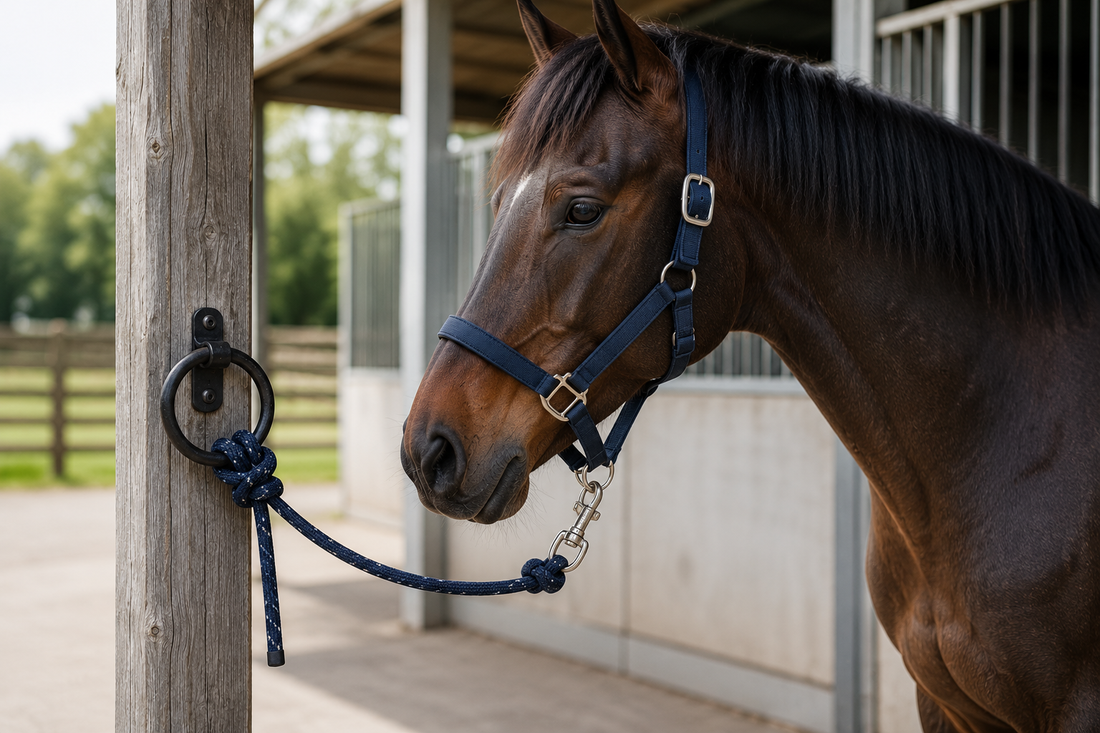 Pferd sicher angebunden am Stallpfosten mit blauem Halfter, blauem Führstrick, Karabiner und einfachem Knoten in einer ruhigen Stallgasse.