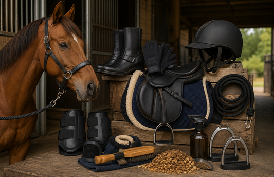 Fotorealistisches Pferdezubehör in einer Stallkammer mit Pferd, Halfter, Führstrick, Sattel, Reithelm, Reitstiefeln, Handschuhen, Bürsten und Pflegeartikeln.